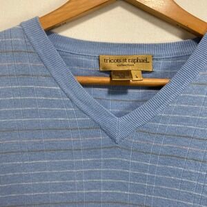 Tricots St Raphael Mens V-Neck Sweater Blue Silk Linen Striped Ribbed Large L